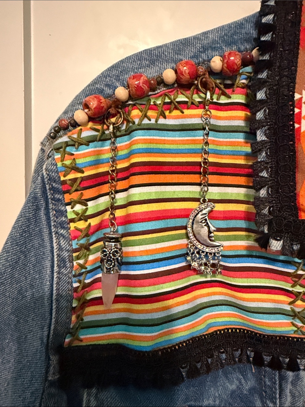 Up Cycled Artisan Made Colorful Heavily Embellished Cotton Denim Jacket - Picture 10 of 16